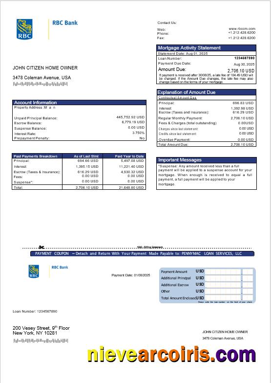 USA RBC bank mortgage statement